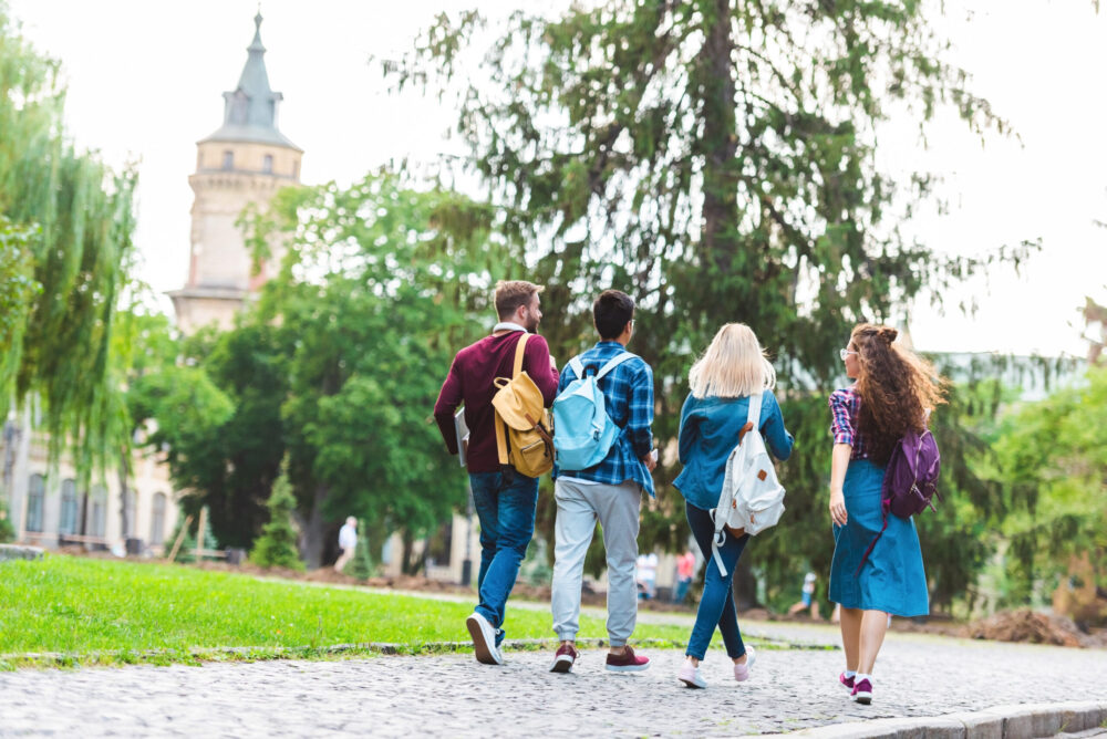 students walking campus